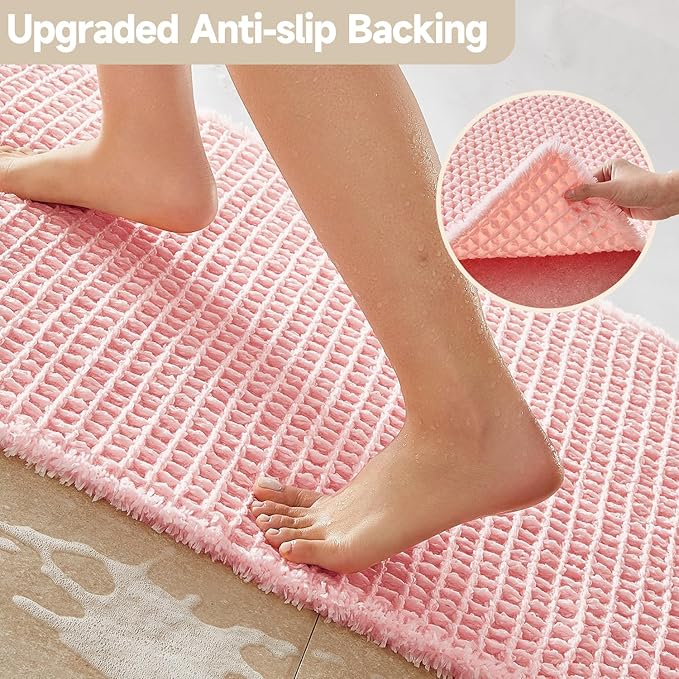 Light Peachy Pink Bathroom Rugs, Waffle Bath Mat Non Slip Washable Quick Dry Cute Bath Mat Boho Farmhouse Bathroom Decor, 36"x24" Light Peachy Pink