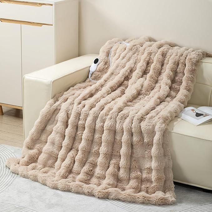Faux Rabbit Fur Electric Blanket Throw 51"x63" – Heated Blanket with 5 Heat Levels 86°F–158°F, Digital Display & 2/4/8H Timer, Fast Heating, Machine Washable Bubble Plush Crystal Velvet Heating Throw