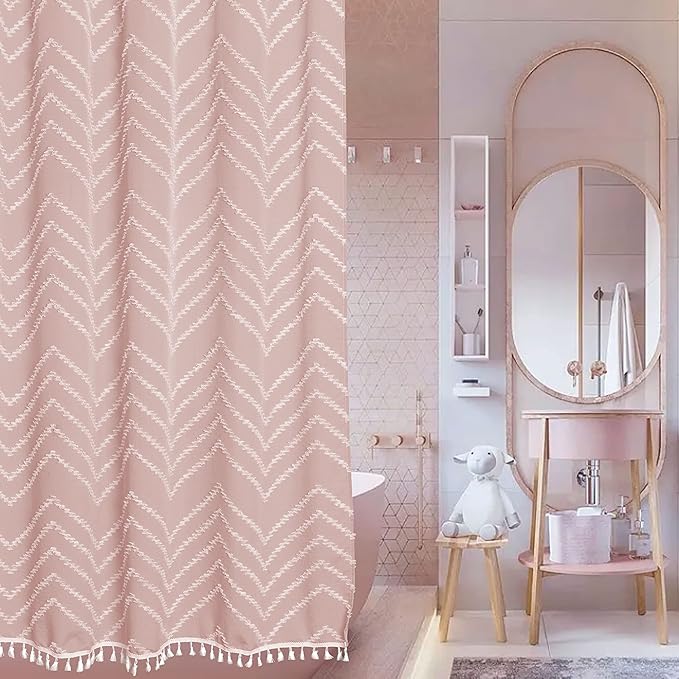 Small Stall Boho Pink Shower Curtain Woven Fabric 36 x 72 Half Size Tufted Chevron Striped Textured Modern Farmhouse Minimalist Shower Curtain for Bathroom