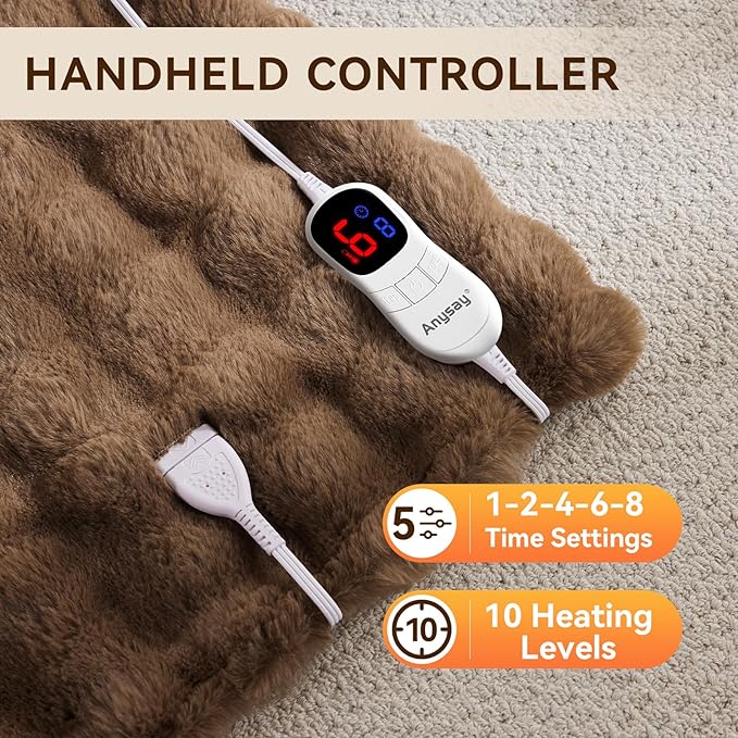 Heated Blanket King Size with 1/2/4/6/8 Hours Auto-Off 10 Heat Level, 90'' * 100'' Cozy Faux Rabbit Fur Bubble Electric Blanket with Overheat Protection(Brown)