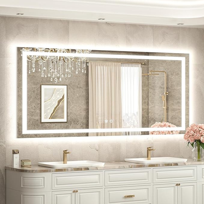 TETOTE 60 x 28 LED Lighted Bathroom Mirror with Lights, Brighter Front and Backlit Light up Mirror for Bathroom Vanity Wall, 3-Color Dimmable Illuminated Antifog Mirror, Waterproof, Tempered Glass