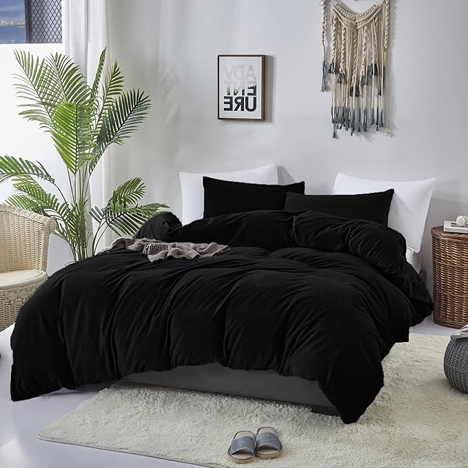Cottonight Black Velvet Comforter Set King - Flannel Bedding 3 Piece Set, Plush Fluffy Blanket Quilts, Modern Winter Warm Thick Soft Solid Bedding