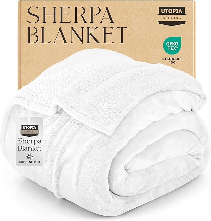 Utopia Bedding Sherpa Blanket Full Size (White, 90x84 Inches) - Soft Lightweight Plush Fleece Reversible Blanket for Bed, Sofa, Couch, Camping and Travel