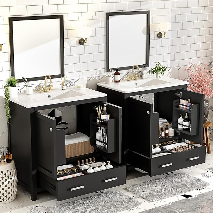 60" Bathroom Vanity Set with Double Vanities, Double Ceramic Sinks, Storage Shelf, Soft Closing Doors, Divided Drawers (Mirror not Included), Large Bathroom Vanity Sink Set (Black)