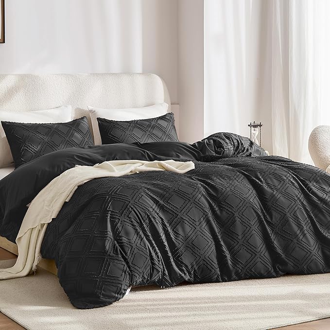 JELLYMONI Duvet Cover Queen Size Black - 3PCS Boho Duvet Cover Set Plaid Polyester Tufted Bohemian Jacquard Knit Textured Comforter Cover 90×90in Rhombic Geometric Pattern Zipper Corner Tie