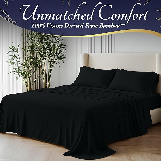 DECOLURE 100% Viscose Derived from Bamboo Sheets Cal King Size 4pcs - Ultra Soft & Luxuriously Cooling, 17" Deep Pocket, Double Stitching, Perfect for Hot Sleepers - King Bed Sheets (Black)