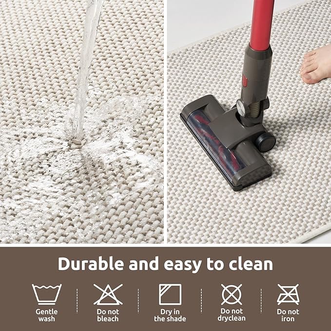 AMOAMI Chenille Bath Mat Super Absorbent Bathroom Mat Quick Dry Bath Mats for Bathroom Rubber Backed Bathroom Rugs Non Slip Washable Fit Under Door, Front of Bathtub, Sink, Beige&White 20"x32"