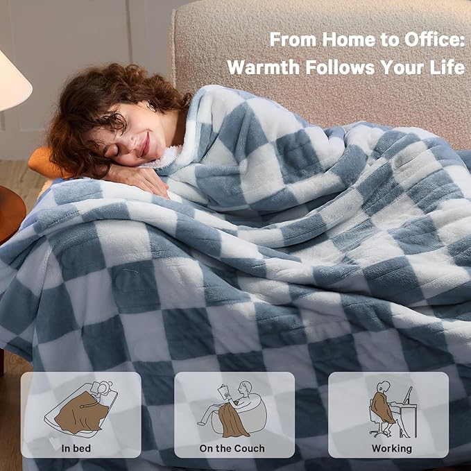 Heated Electric Blanket Twin Size, 62X84 Heating Blanket with 10 Heat Level & 8 Hours Auto Off, Misty Blue Checkered Plaid Soft Fleece Sherpa Blankets Warmer Gifts for Couch Grandma Women Adults