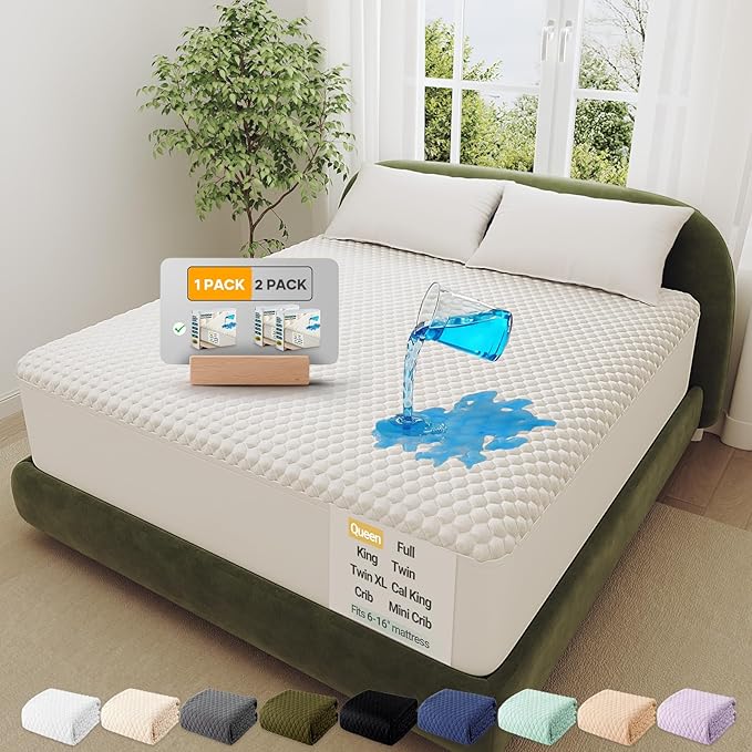 OhGeni 100% Waterproof Mattress Protector, Queen Size Mattress Pad, Fits 6"-20" Mattresses with Deep Pocket, Cooling, Breathable Fitted Sheets, Soft Bed Cover, Noiseless, Machine Washable