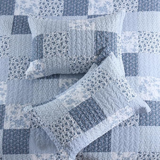 ENASAL Cotton Bedspread Quilt Bedding Sets Reversible Coverlet Sets Comforters Rustic Floral White Blue Patchwork Pattern Bedspread for All Season, Queen Size