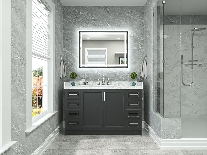 TETOTE 40 x 30 Bathroom LED Mirror Brushed Gunmetal Gray Frame Frontlit & Backlit Vanity Mirror Anti-Fog Stepless Dimmable 3 Colors White/Warm/Natural Wall-Mounted