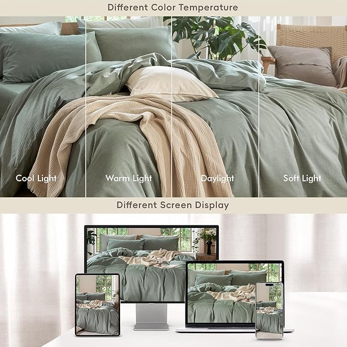 MooMee Bedding Duvet Cover Set 100% Washed Cotton Linen Like Textured Breathable Durable Soft Comfy (Heathered Green, Super Queen 90"x98")