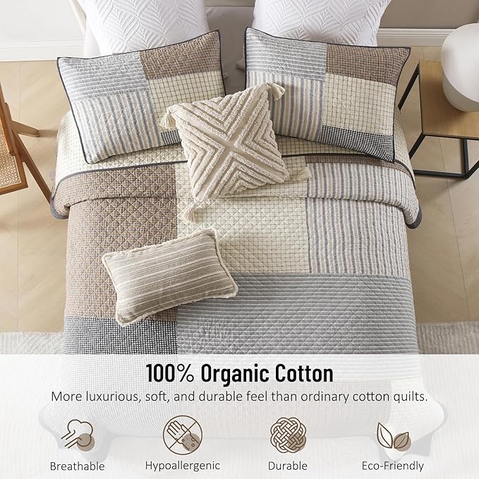Real-Patchwork Plaid King Quilt - 100% Cotton Farmhouse Beige Brown Gray King Size Quilts Bedspread, Lightweight Reversible Quilted Coverlet Bedding Set for All Season, 3-Piece(98"x106")