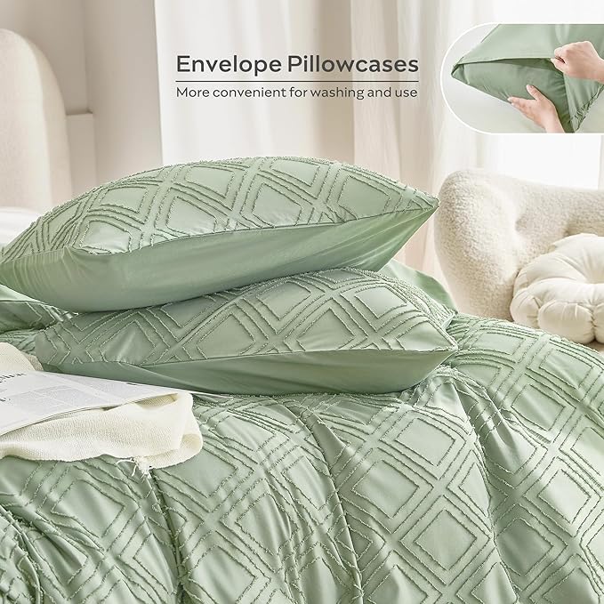 JELLYMONI Duvet Cover King Size Light Green - 3PCS Boho Duvet Cover Set Plaid Polyester Tufted Bohemian Jacquard Knit Textured Comforter Cover 104×90in Rhombic Geometric Pattern Zipper Corner Tie