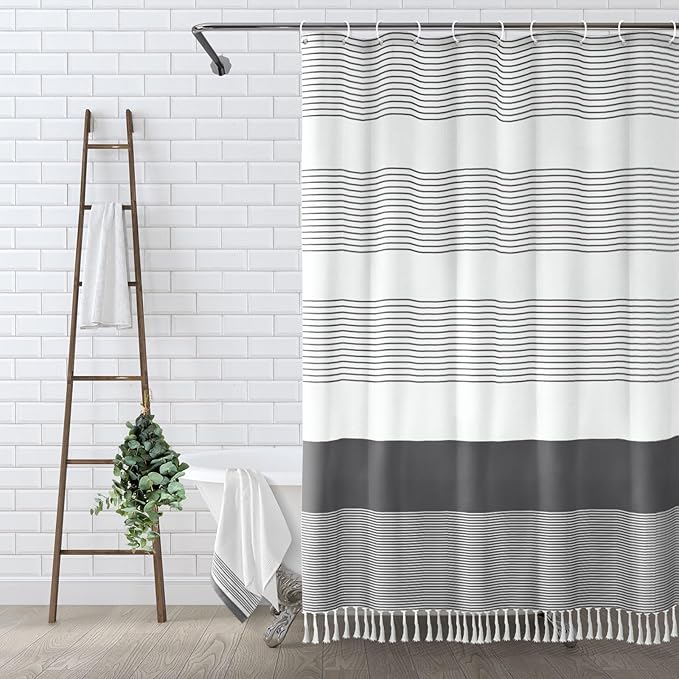 Awellife Gray Shower Curtain for Bathroom Stripe Tassel Shower Curtain 72 X 78 Farmhouse Cotton Boho Dark Grey