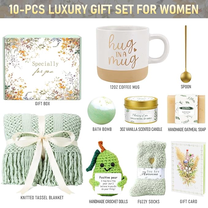 Self Care Gifts for Women Spa Gift Basket Birthday Gifts for Women, Get Well Soon Gift Baskets Thinking of You Relaxation Stress Relief Care Package, Christmas Gifts for Mom Friend Sister(Sage Green)
