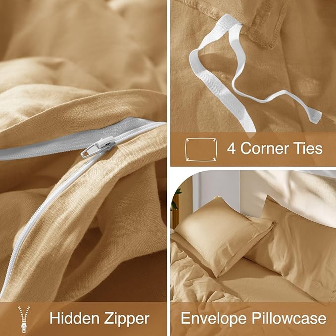 SONORO KATE 100% French Linen Duvet Cover Queen Size, Soft Breathable for Hot Sleepers, Moisture Wicking & Durable Cover Set - Zipper Closure & 4 Corner Ties Duvet Covers 3 Piece (Rust,Queen)