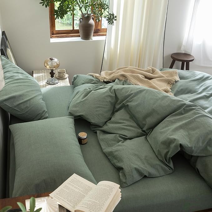 FOSSA Duvet Cover Set 100% Washed Cotton Linen Feel Super Soft Breathable Cozy Simple Style 3 Pieces Bedding Sets Solid Heathered Green Twin