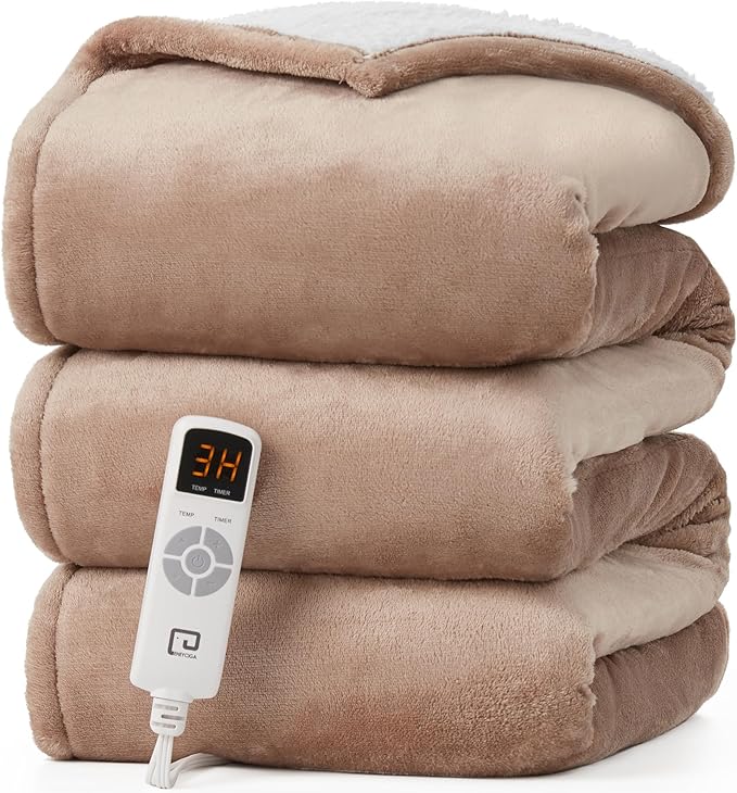 EHEYCIGA Heated Blanket Electric Blanket Twin - Heating Blanket with 5 Heating Levels & 10 Hours Auto Off, Soft Cozy Sherpa Washable Blanket with Fast Heating, 62 x 84 Inches, Camel