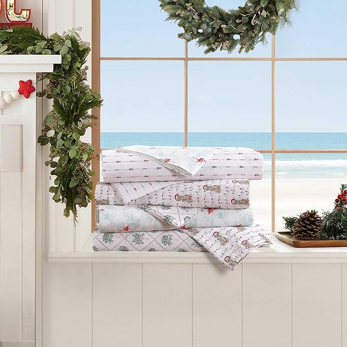 Tommy Bahama - Queen Size Sheet Set, Crisp & Cool Cotton Percale Bedding with a Smooth Lightweight Feel, 4 Piece Holiday Bed Sheets with Matching Pillowcases (Palm Tree Trellis Red)