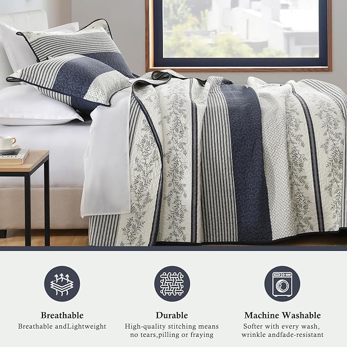 Stripe Quilt King Size - 100% Cotton Lightweight King Quilt Bedding Set, Vintage Vine Pattern Quilted Bedspread with 2 Pillow Shams, Farmhouse Printed Bed Coverlet for All Season, Navy/Gray