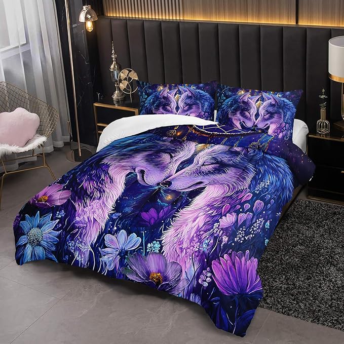 Purple Wolf Bedding Comforter Set Full Size，Dreamcatcher Flower Quilt Bedding Set Full，with 1 Comforter with 2 Pillow Case，Wolf Bedroom Decor for Kids Girls Boy