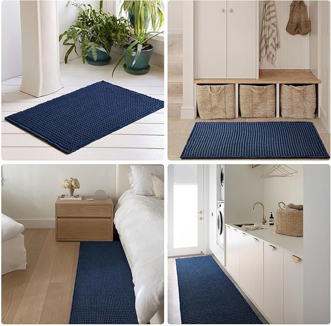 Waffle Runner Rug Bathroom, Long Boho Bathroom Rugs Non Slip Washable Super Absorbent Quick Dry Farmhouse Bath Decor, 72"x24" Navy Blue