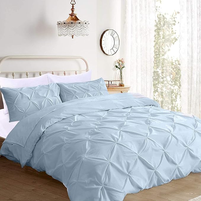 Pinch Pleated Duvet Cover Set 100% Cotton 3PC Super King Size 98x108 Duvet Cover Set, Decorative Pinch Design Sky Blue Duvet Cover with Matching Pillow Case