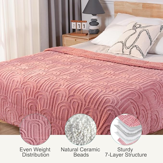 Sherpa Fleece Adult Weighted Blanket Great for Sleep, 15 lbs Dual Sided Soft Fuzzy Heavy Blankets for Couch Bed Sofa, Cozy Warm Arched Jacquard Throw for Winter (Apricot Pink, 48" x 72", 15 Pounds)