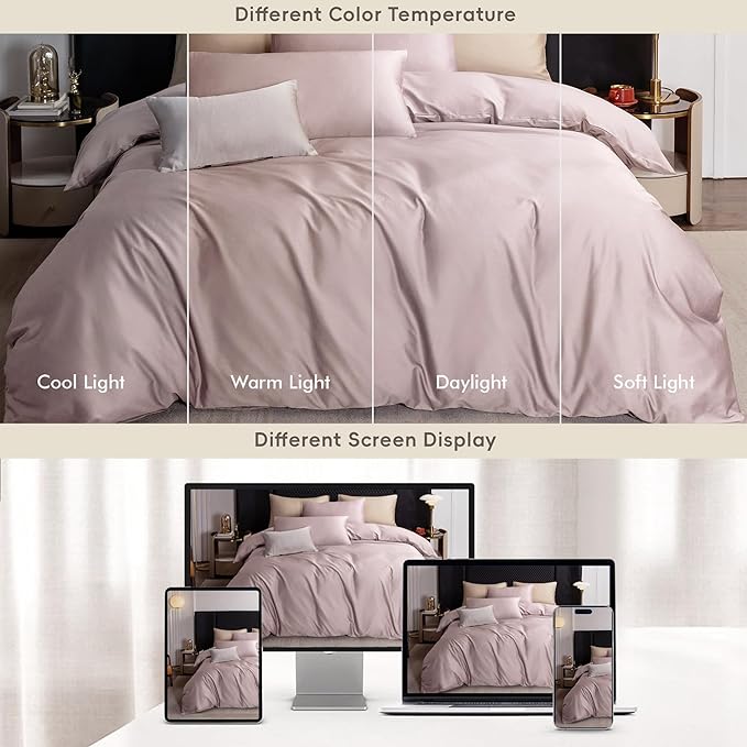 MooMee Duvet Cover Set 100% Extra Long Staple Cotton 600 Thread Count Silky Sateen Smooth Luxury Soft Breathable Durable Hotel Quality Bedding, 3 Pieces (Pale Mauve, Queen 90"x90")