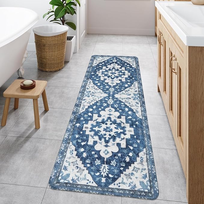 Uphome Boho Vintage Large Bathroom Rugs Blue Non-Slip Soft Hallway Runner Traditional Tribal Machine Washable Bedroom Rug Oriental Floral Aesthetic Floor Mat for Entryway Kitchen Laundry, 24x71 inch