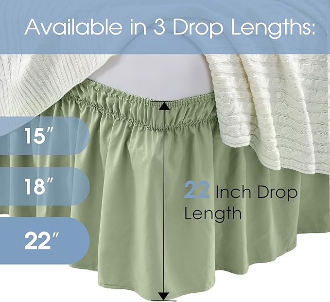 FreshCulture Elastic Wrap Around Bed Skirt - Easy Fit with 22-Inch Tailored Drop, Hotel Quality Dust Ruffle for Full Size Bed (Sage Green)
