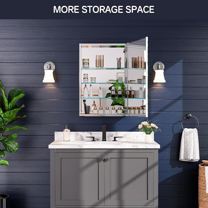 Medicine Cabinet 20" x 30", Bathroom Medicine Cabinet with Mirror, Recessed Medicine Cabinets with Adjustable Shelves, Soft-Closing Door, and Aluminum Alloy Frame - Reverse Installation, Silver