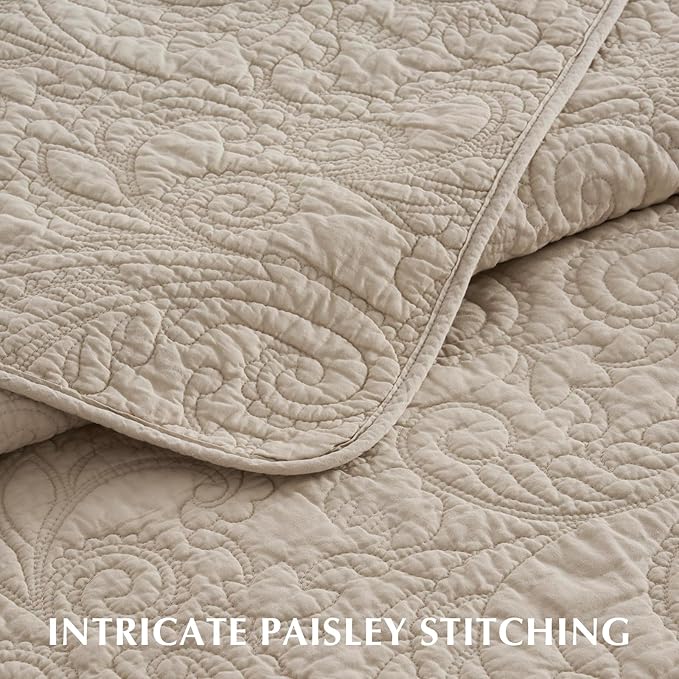 EVERGRACE 100% Cotton Paisley Quilt Set, King Size 3 Piece Set – Prewashed Lightweight Bedspread with 2 Shams, Soft & Breathable Matelasse Coverlet for All-Season Comfort, Flax Beige