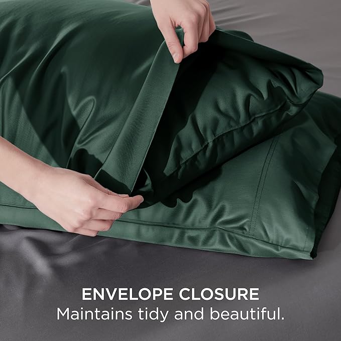 Bedsure Pillow Cases Queen, Cooling Pillow Cases, Rayon Derived from Bamboo Forest Green Pillowcases Queen Size Set of 2, Soft & Breathable Bedding Pillow Covers with Envelope Closure, 20x30 Inches