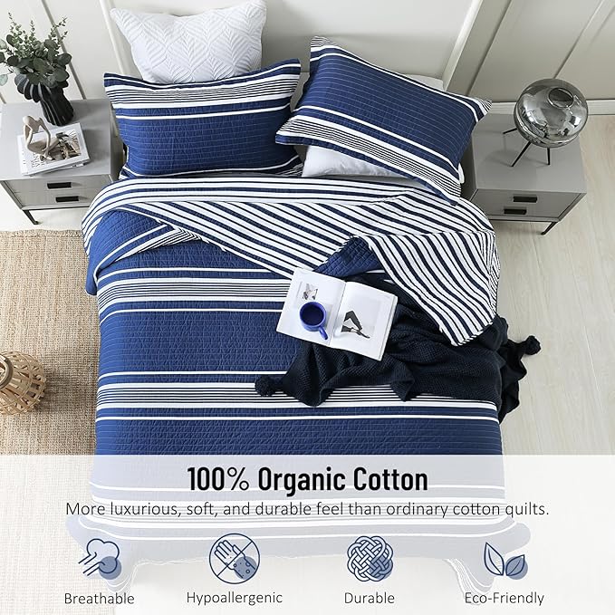 Striped Queen Size Quilt - 100% Cotton Navy Blue White Striped Modern Boys Men Unisex Quilt Bedspread for Queen Bed, Lightweight Reversible Quilted Bedding Set with 2 Pillow Shams, All Season