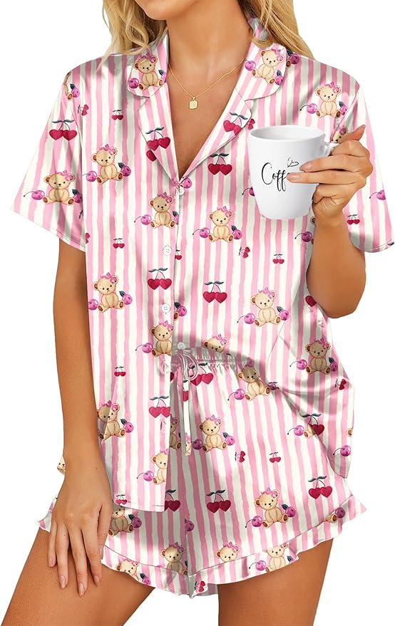 HOTOUCH Womens Satin Pajamas Set Button Down 2 Piece Silk Pjs Shorts Set Ruffle Lingerie Notch Collar Sleepwear