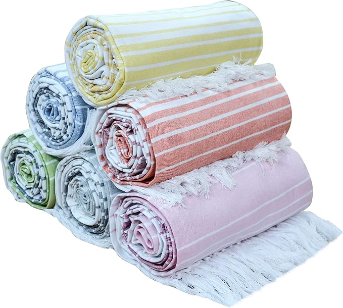 Native Fab Turkish Beach Towels - 6 Pack - Oversized 40"x71" - 100% Cotton, Lightweight, Thin, Quick Dry, Sand Free - Large Striped Towel for Adults, Travel, Bath, Swim, Camp - Multi 6 Colors