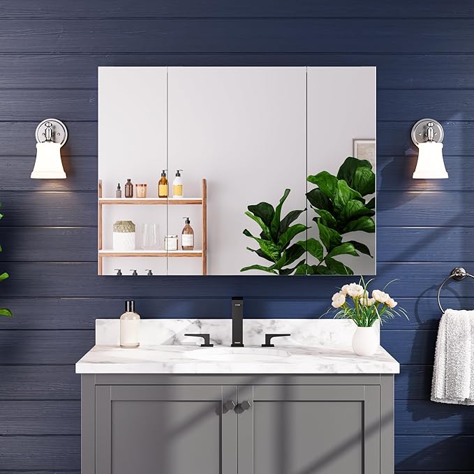 Medicine Cabinet 40" x 30", Bathroom Medicine Cabinet with Mirror, Recessed Medicine Cabinets with Adjustable Shelves, Soft-Closing Door, and Aluminum Alloy Frame - Reverse Installation, Silver