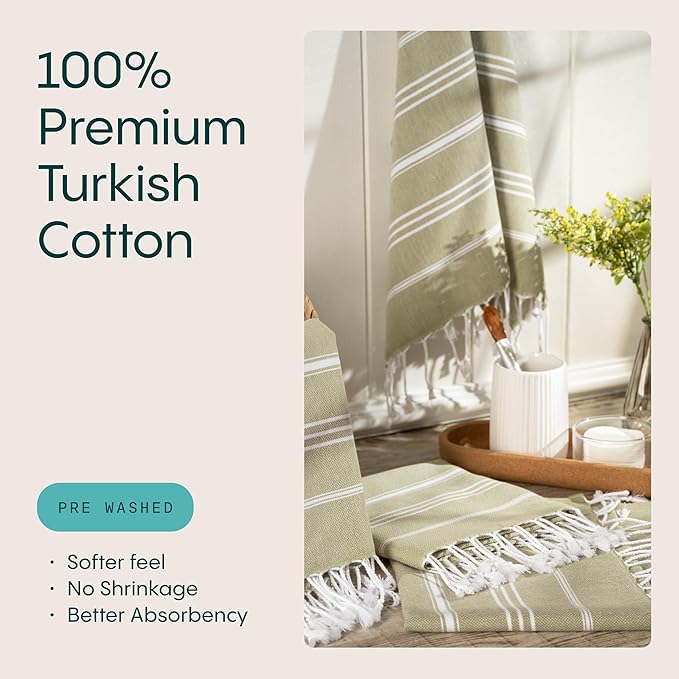 WETCAT Turkish Hand Towels with Hanging Loop, Set of 2 (20" x 30") 100% Turkish Cotton, Pre-Washed, Quick Drying, for Kitchen or Bathroom - Sage Green