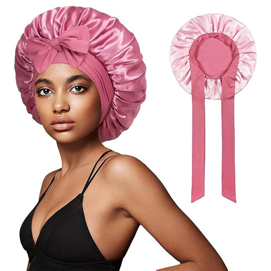 vidsel Bonnet with Tie Band, Hair Care Satin Silk Bonnet for Sleeping Women, Silky Sleep Bonnets for Women, Reversible Double Layer Sleep Cap for Curly Hair Braids
