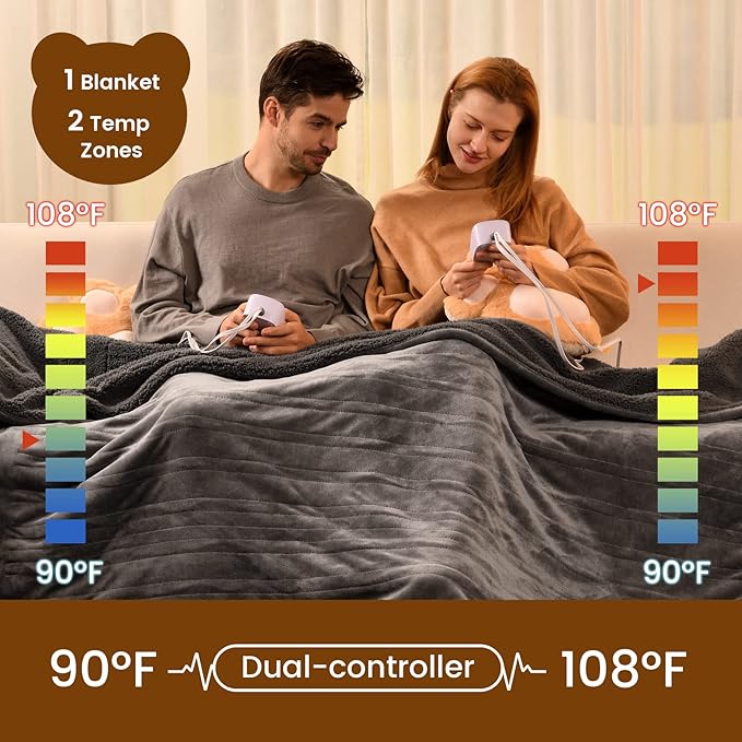 Bearhug Heated Blanket King Size 100" x 90" Dual Controller Electric Blanket, Velvet & Sherpa 10 Heating Levels & 1-12H Auto Off, Over-Heat Protect, ETL, Machine Washable