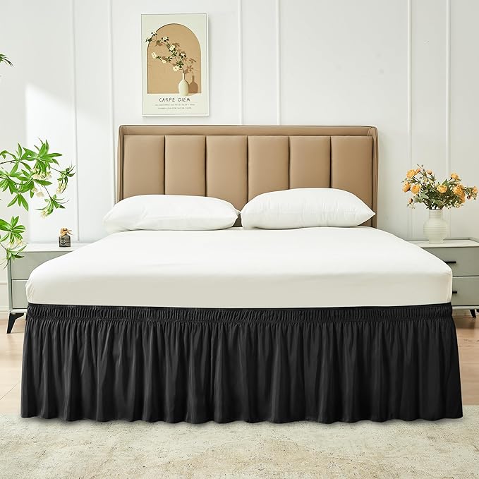 Biscaynebay Wrap Around Bed Skirts for Full & Full XL Beds 15" Drop, Black Adjustable Elastic Dust Ruffles Easy Fit Wrinkle & Fade Resistant Silky Luxurious Fabric Machine Washable