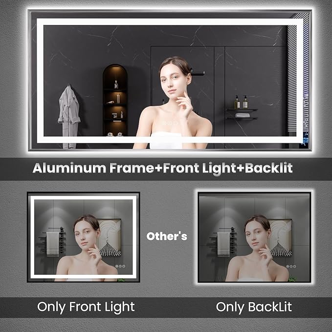 Amorho 60"X36" LED Bathroom Mirror, Brushed Nickel Framed Mirror with Front Light and Backlit, Stepless Dimmable, Anti-Fog, Shatter-Proof, Memory, 3 Colors