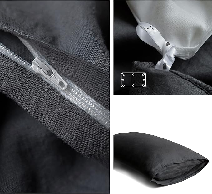 XZ XIFA Dark Grey 100% Linen Duvet Cover Queen Size Bedding Set, Cooling Duvet Cover with Natural Washed French Flax, Soft, Breathable, Textured Duvet Cover (1 Duvet Cover, 2 Pillowcases)