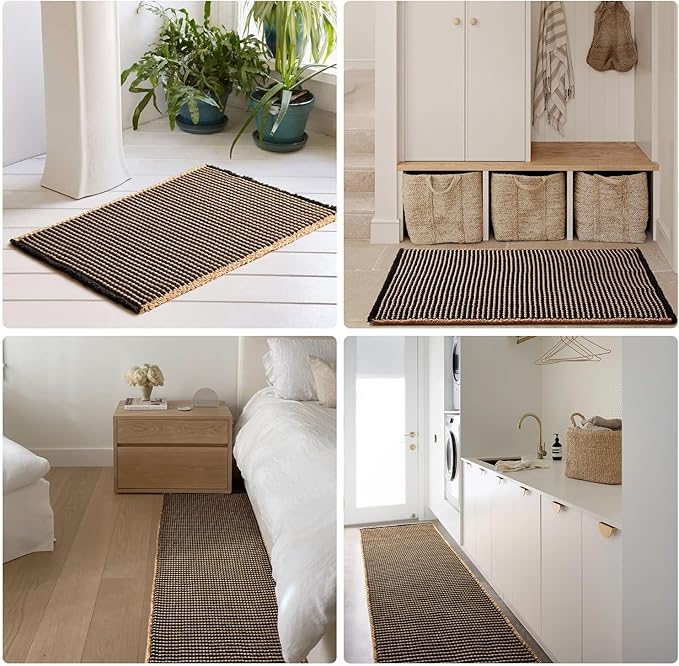 Waffle Runner Rug Bathroom, Long Boho Bathroom Rugs Non Slip Washable Super Absorbent Quick Dry Farmhouse Bath Decor, 60"x24" Khaki and Black
