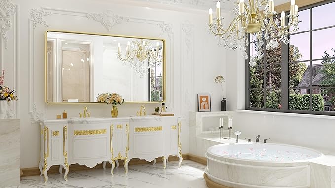 TETOTE 55 x 30 Inch Bathroom Mirror, Brushed Gold Metal Framed Wall Mounted Mirrors, Brushed Brass Rectangle Modern Decorative Vanity Mirror (Horizontal/Vertical)