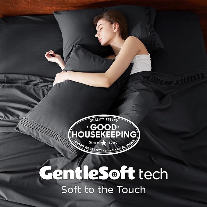 Bedsure Deep Pocket Full Size Bed Sheets Set - Fits Mattresses Up to 21 Inches Thick - 4 Piece GentleSoft Bed Sheets, Moisture Wicking, Soft & Cooling Bedsheet & Pillowcases, Easy & Secure Fit, Black