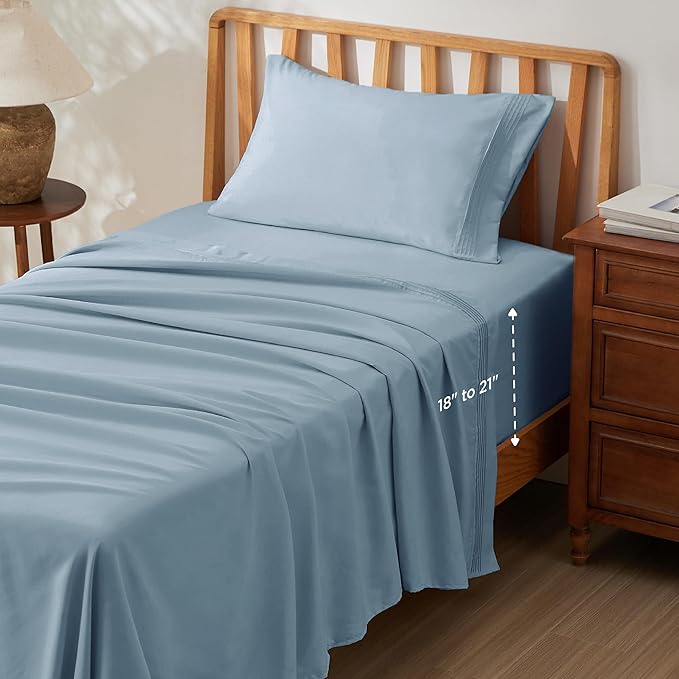 Bedsure Deep Pocket Twin Sheets Set - Fits Mattresses Up to 21 Inches Thick -3 Piece GentleSoft Bed Sheets, Moisture Wicking, Soft & Cooling Bedsheet & Pillowcases, Easy & Secure Fit, Mineral Blue