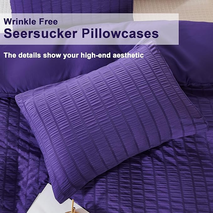 AveLom Dark Purple Duvet Cover Full(80 x 90 inches), 3 Pieces (1 Duvet Cover, 2 Pillow Cases),Seersucker Tripe Soft Washed Microfiber Textured Duvet Cover Set with Zipper Closure, Corner Ties